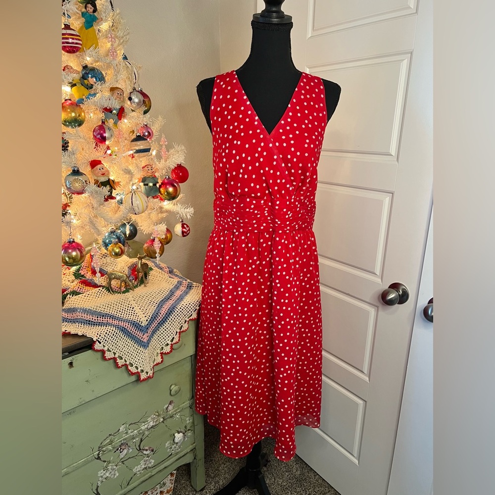George ME Red White Sheer Polka Dot Sleeveless V Neck Swing Dress Sz 18 Retro